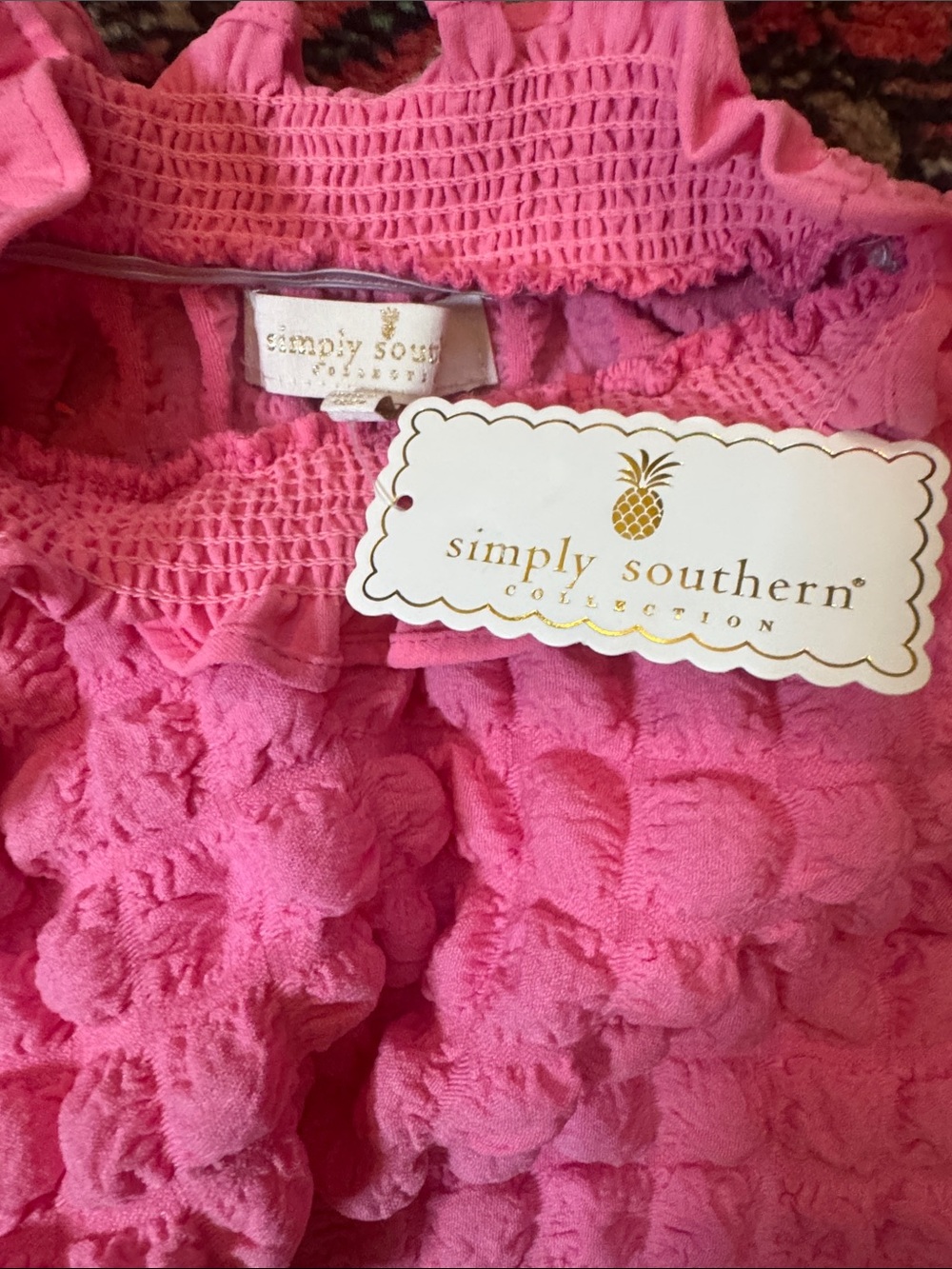 Simply Southern Collection | Bright Pink Puff-Sleeve Textured Shirt | Size L - Picture 2 of 5